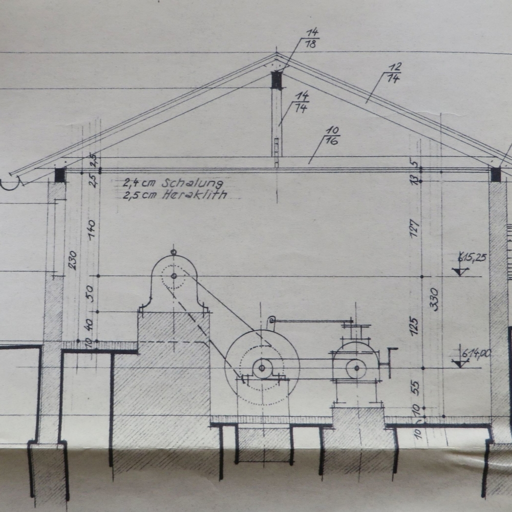 Schnitt durch das Maschinenhaus - aus dem Erneuerungsplan zur Stromversorgung von Georg Rauter 1960