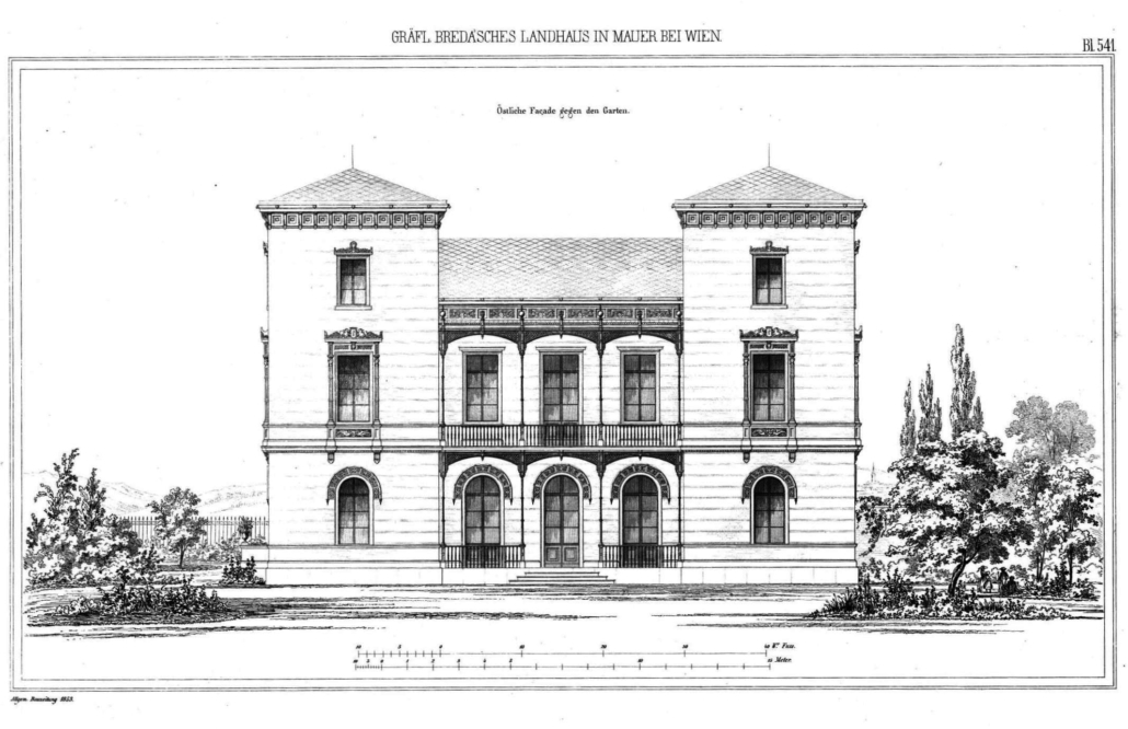 Ansicht der parkseitigen Fassade. Quelle: ONB, Allgemeine Bauzeitung, 1853, S. 541