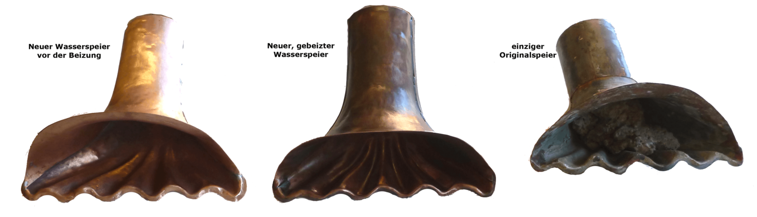 Neuer Wasserspeier vor der Beizung; neuer, gebeizter Wasserspeier; einziger Originalspeier